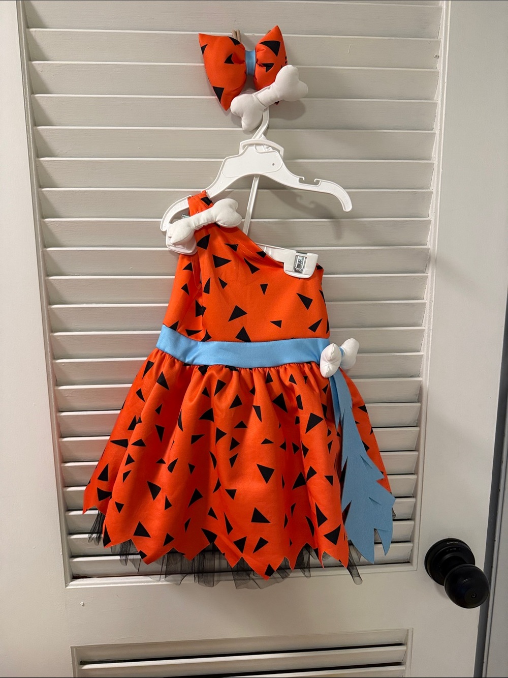 Amazon Orange and Light Blue Dino Triangle Halloween Dress with Bone Bow